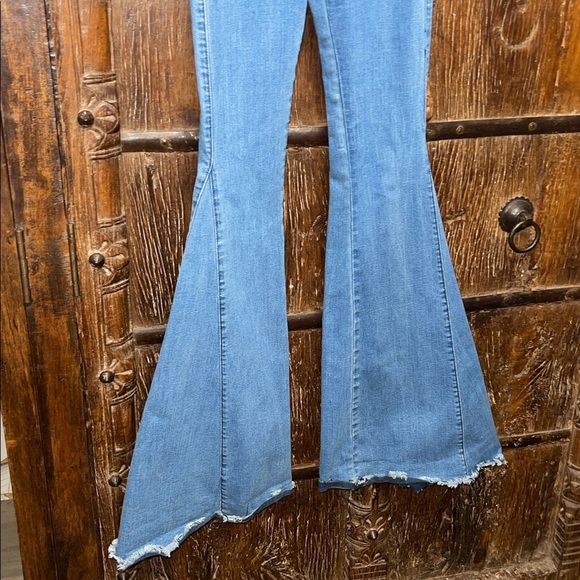 Three Bird Nest Super Flare Denim Jeans Sz S Raw Hem Boho Festival - Picture 5 of 10